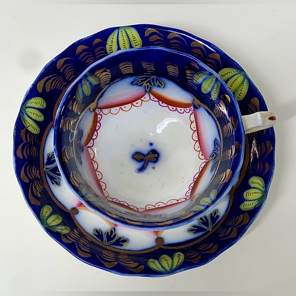 19th Century Antique Gaudy Welsh Banana Pattern Teacup & Saucer Set - Picture 2 of 10